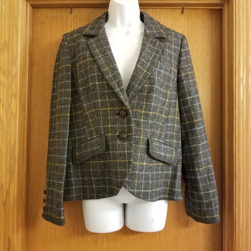 Boden British Tweed Gray Wool Blazer Jacket 10